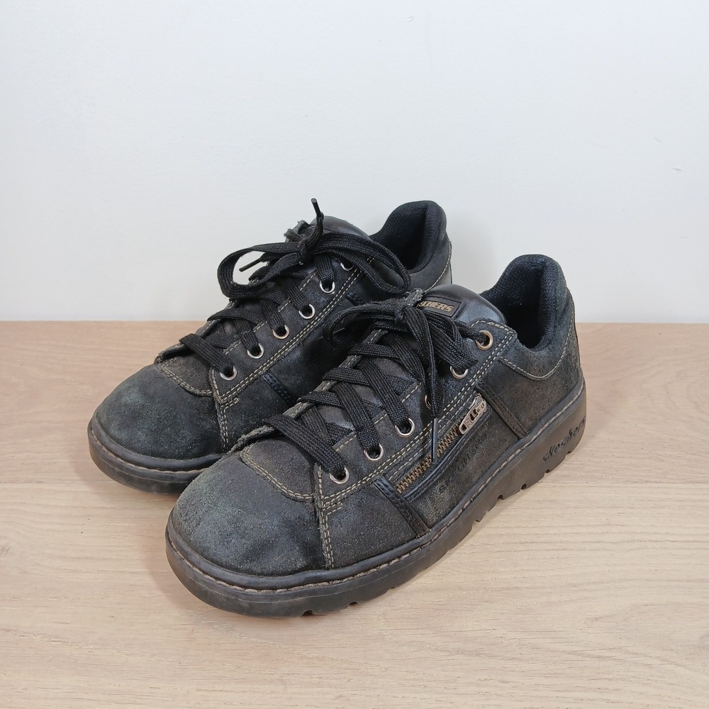 Skechers Sneakers Women 8 Black Leather 2010 Edition Lace Up Chunky Retro Zip